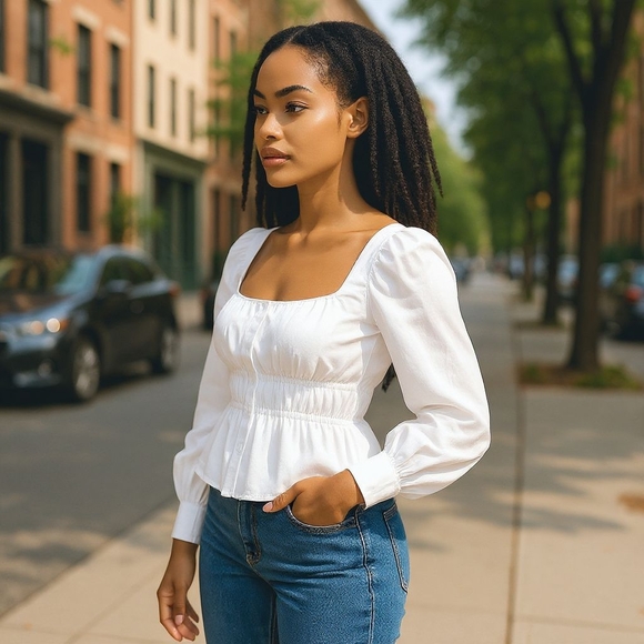 White Cinched-waist top in herringbone cotton - Picture 2 of 4